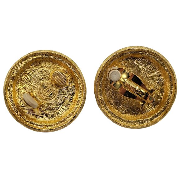 Givenchy Gold Tone Round White Lucite Button Clip On Earrings, Signed - Picture 2 of 4